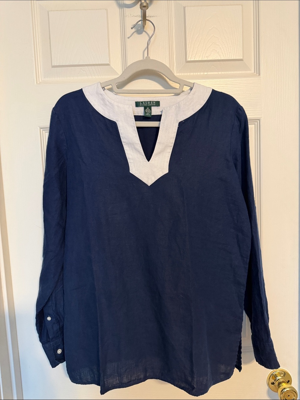 Lauren Ralph Lauren Navy Linen Tunic with White V-Neck Trim